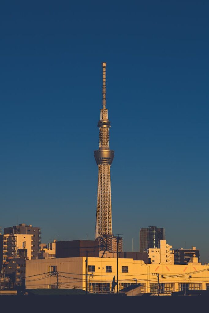 The Tokyo Skytree dominates the cityscape under a golden sunset in Tokyo, Japan.